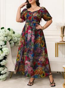 SHEIN Clasi Curve 加大码女式浪漫优雅雪纺印花泡泡袖腰 A 字长浪漫连衣裙、正式连衣裙、女士夏季连衣裙、商务休闲女装、女士生日连衣裙、女士连衣裙 - 粉色 - 查看 3