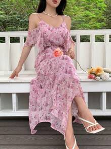 Modelyn Women's Summer Chiffon Pink Floral Dress,Elegant Ruffle Off Shoulder Strap Wedding Guest Dress,Holiday Tea Party Summer Outfits Graduation Dress - Dusty Pink - View 3