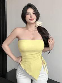 Joudiya Blusa asimétrica plisada para mujer, ropa de vuelta al colegio, blusas para salir, top tubo - Amarillo - Ver 2