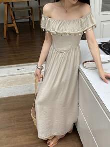 DAZY New Summer Women's Long Beach Dress Off Shoulder Top Vacation Maxi Dress Boho - Khaki - View 5