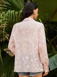 SHEIN Unity Camisa de manga larga de dama, nueva para verano, con cierre de botones delanteros, diseño holgado y estilizador, bordado 3D floral, cinta de gran resistencia, fresca y versátil - Rosa Pálido - Ver 2