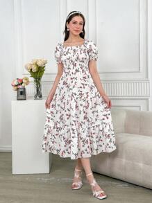 少女碎花泡泡袖方领迷你连衣裙，度假风格 - 白色 - 查看 6