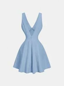 SHEIN MOD Women Linen Color Sleeveless Waist Cinched Dress - Blue - View 2