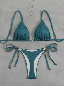 Swim Chiccia 女士纯色闪亮面料细肩带金属装饰海滩度假比基尼套装，夏季 - 綠色 - 查看 1