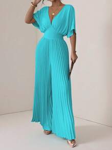 Vesra 纯色V领蝙蝠袖褶皱优雅女式连体裤 - 薄荷藍 - 查看 4