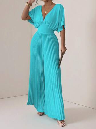 Vesra Enfärgad V-ringad Bat Wing Sleeve Plisserad Elegant Jumpsuit för kvinnor