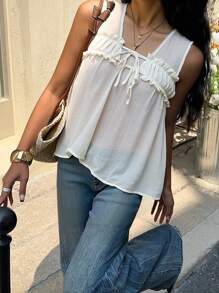 SHEIN Essnce 女士夏季纯色无袖前系带褶皱衬衫，飘逸上衣，海岛度假，蜜月女士，母亲节，透明上衣，奶油黄色