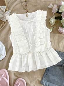 SHEIN 法式甜美夏日设计时尚无袖荷叶边衬衫 - 白色 - 查看 3