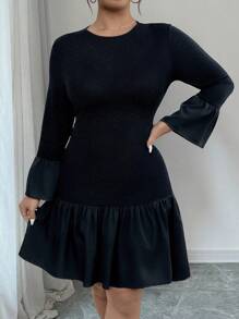 SHEIN PETITE CURVE Plus Size Women Solid Color Round Neck Flared Sleeve Ruffle Hem Elegant Dress - Black - View 5