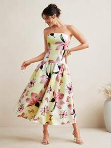 VIOLA AND VESPER Light Yellow Floral Printed Strapless Voluminous Woven Midi Dress Women Summer Elegant Butter Yellow Dress
