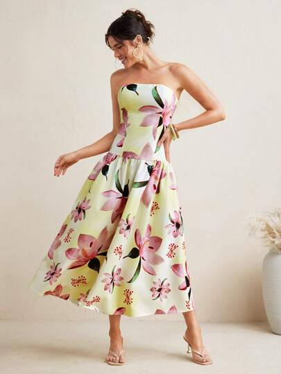 VIOLA AND VESPER 浅黄色花卉印花露肩蓬松梭织中长连衣裙女式夏季优雅奶油黄色连衣裙