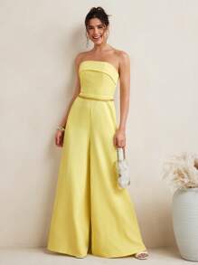 VIOLA AND VESPER Summer Pastel Butter Yellow Strapless Woven Wide-Leg Jumpsuit Women Casual Vacay Outfits