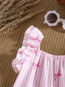 Cute Pink & White Striped Bow Ruffle Baby Girls' Romper, Summer - Pink - View 3