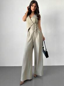 SHEIN Tall CURVE 2pcs/Set Plus Size Summer Casual Solid Color Camisole And Pants Set - Apricot - View 5