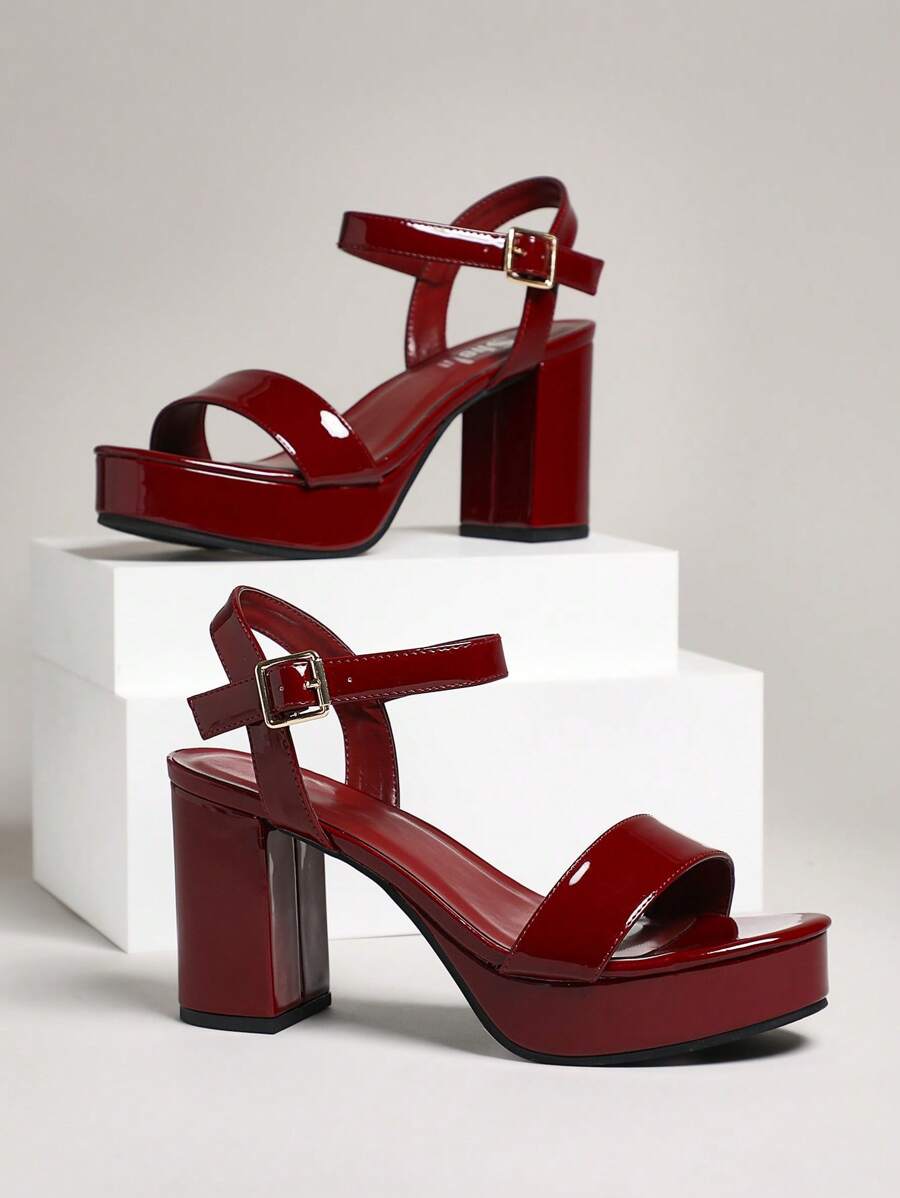 SHUZIA 女士舒适厚底高跟鞋经典绑带踝带酒红色 - 酒紅色 - 查看 1