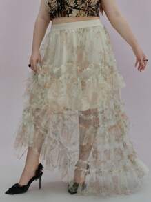 ROMWE Plus Size Women Retro Elegant Ruffled Organza Floral Print Skirt - Multicolor - View 8