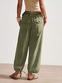 Bohemela 女式低腰带口袋慢跑裤，休闲百搭裤 - 綠色 - 查看 2