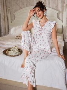 CottageSlumber 不对称荷叶边下摆浪漫碎花女式短袖上衣和裤子睡衣套装节日季 - 彩色 - 查看 5