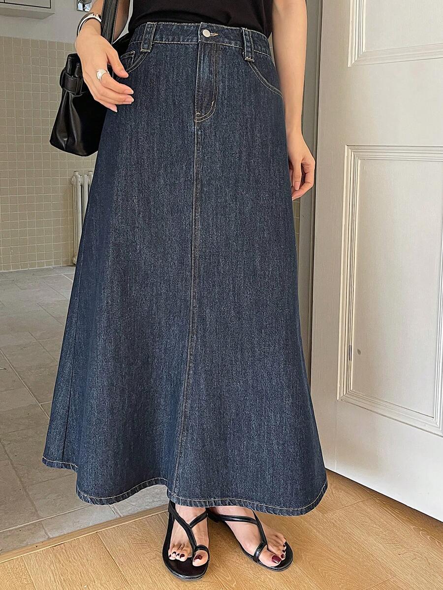 DAZY Chân váy chữ A bằng vải denim màu tối, kiểu dáng thường ngày dành cho nữ, chân váy jeans mùa xuân/hè. - Màu xanh hải quân - Xem 1