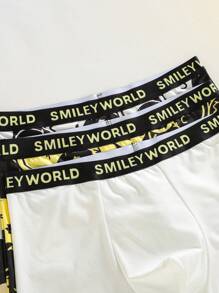 SmileyWorld® | SHEIN 3pcs Men Black & Yellow Smiling Face Print Basic Boxer Briefs,Summer Casual Short