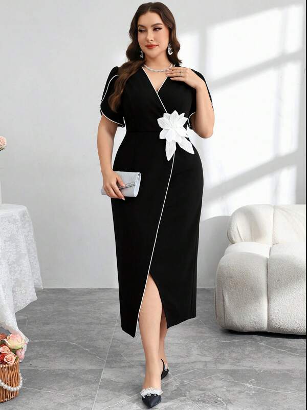 Modelyn Rochie elegantă mulată pentru femei, mărime plus, cu talie strânsă, decolteu în V