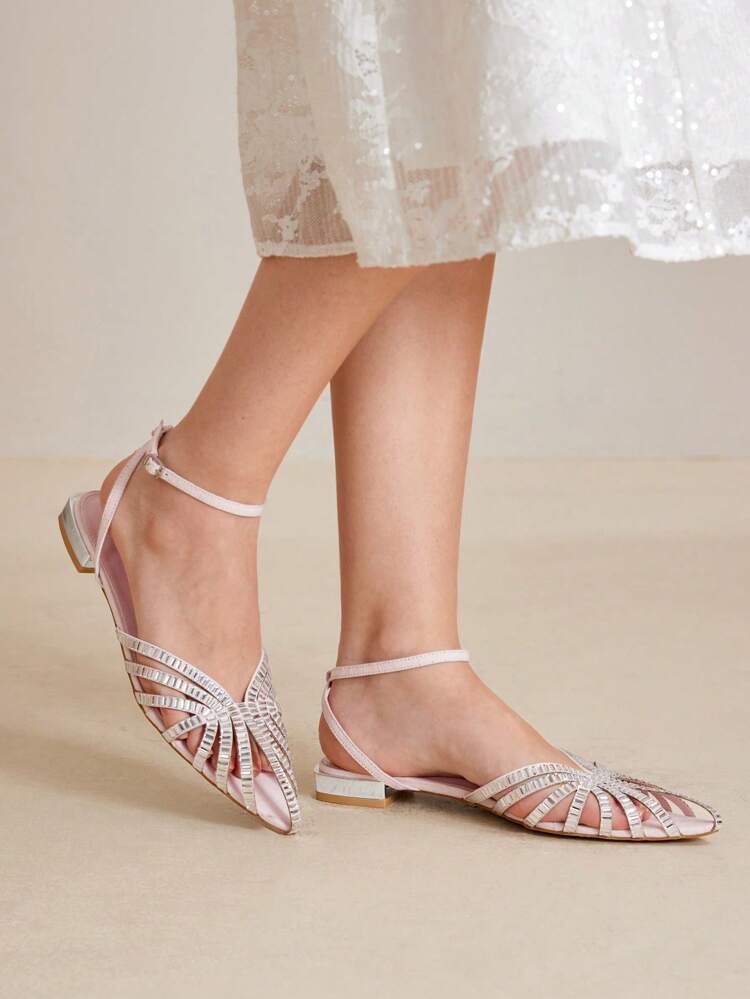 POINTED TOE RHINESTONE MESH FLAT SHOES