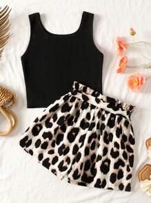 Ensemble 2 pièces avec débardeur noir et short taille papier à imprimé léopard pour jeune fille