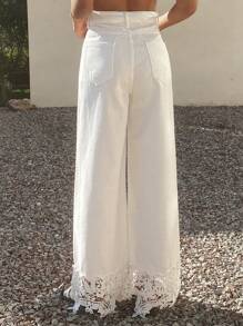 Women's Solid Color Lace Patchwork Elegant Fashion Wide-Leg Jeans - White - View 7