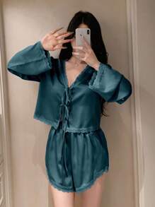 DAZY Women's Romantic Lace Patchwork Satin Tie-Front Top And Super Shorts Pajama Set, Fall Winter Clothes - Dark Green - View 4
