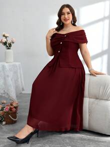 Modelyn Plus Size Women's Off Shoulder Chiffon Patchwork Blouse And 2 Pieces Set, Slimming - Burgundy - View 7