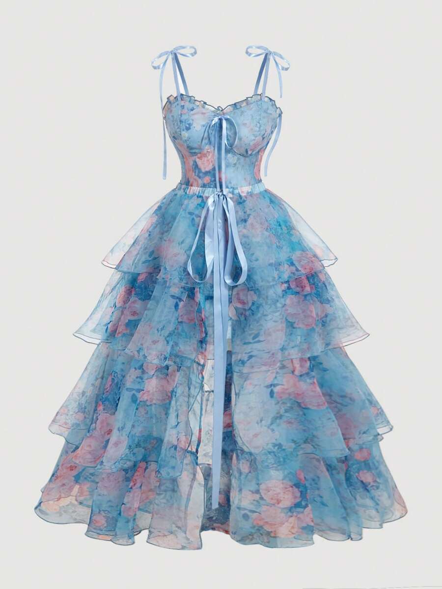SHEIN MOD Plus Size Romantic Floral French Style Dress, Party/Evening Gown,Birthday Dresses For Women,Corset Dress For Women.Dreamy Blue Floral Ruffled Mesh Short Dress For Women Sweetheart Neck Tie Bow Details Layered Skirt Design,Spring/Summer Outfits, Valentine's Day Outfits - Blue - View 1