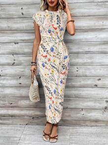 Breezaya 条纹印花结饰圆领短袖夏季长裙女装 - 彩色 - 查看 4