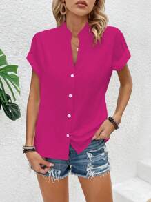 SHEIN LUNE Camisa de mujer casual de vacaciones de unicolor con cuello escotado - Rosa Fucsia - Ver 4