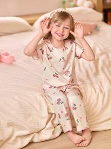 SHEIN 3件套樱桃印花短袖上衣和裤子女童幼儿睡衣套装 - 彩色 - 查看 12