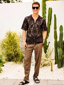 Manfinity RSRT Men's Solid Color Front Button Hollow Mesh Short Sleeve Knit Top - Coffee Brown - View 6