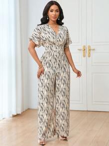 Lunelith SHEIN Lunessa V领短袖全条纹印花松紧腰修身优雅休闲女式连体裤 - 彩色 - 查看 4