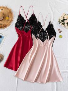 SilkySpell 2pcs/Set Women's Satin Lace Backless Camisole Nightgown Set - Multicolor - View 2