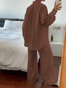 Livesso 女士夏季新款宽松慵懒长袖上衣+外套两件套西装，返校季商务装 - 酒紅色 - 查看 5