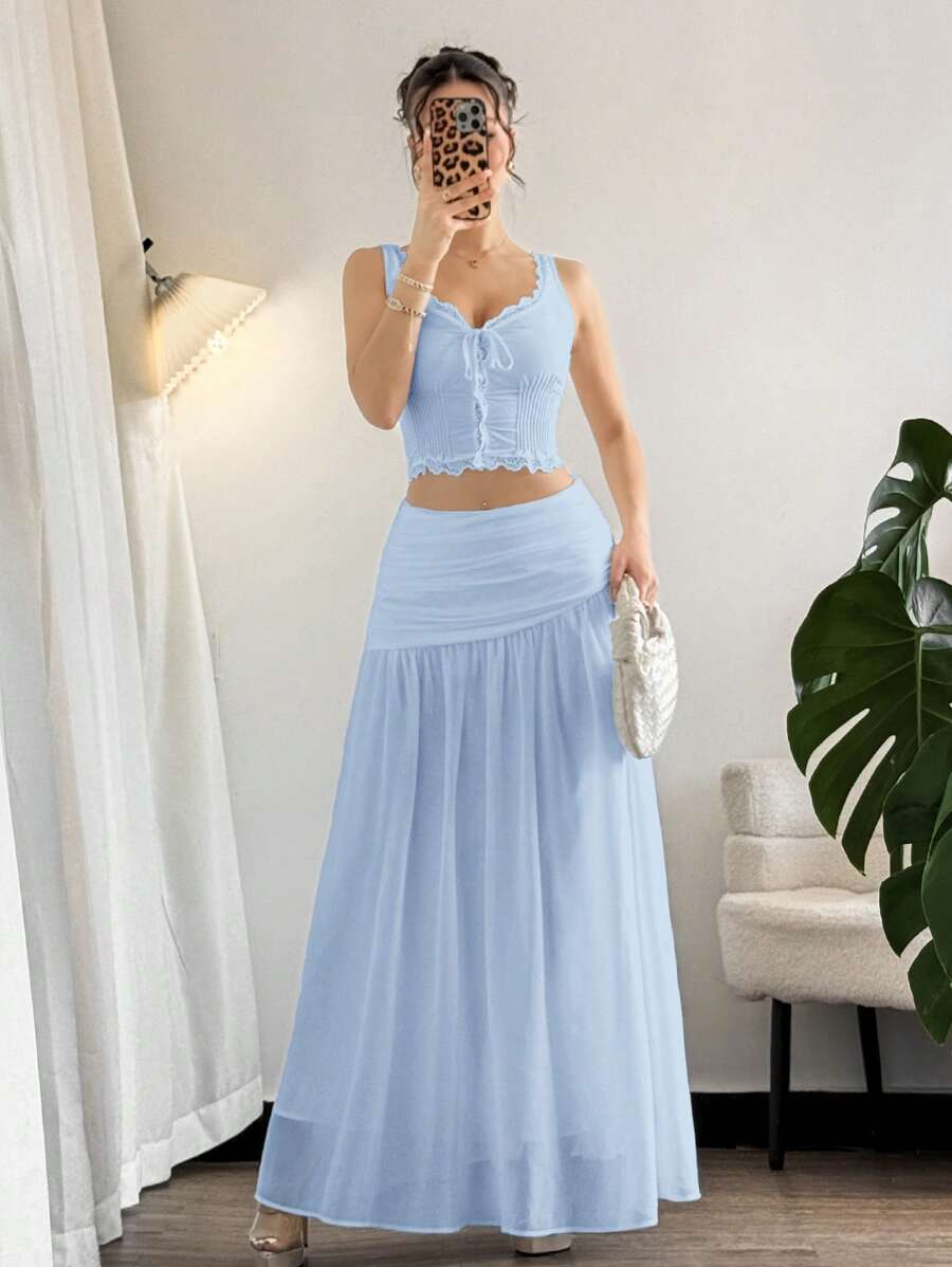 Firerie Women's Elegant Minimalist White Chiffon Asymmetrical Zipper Pleated A-Line Skirt, Suitable For Beach, Daily Commute In Summer - Baby Blue - View 1