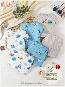 Conjunto de 3 piezas para bebé niño: camiseta con estampado de nave espacial y planeta y pantalones cortos, conjunto de pijama informal - Multicolor - Ver 7