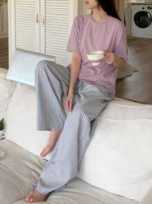 DAZY 2pcs Simple Striped T-Shirt Top And Pajama Bottoms Homewear Set