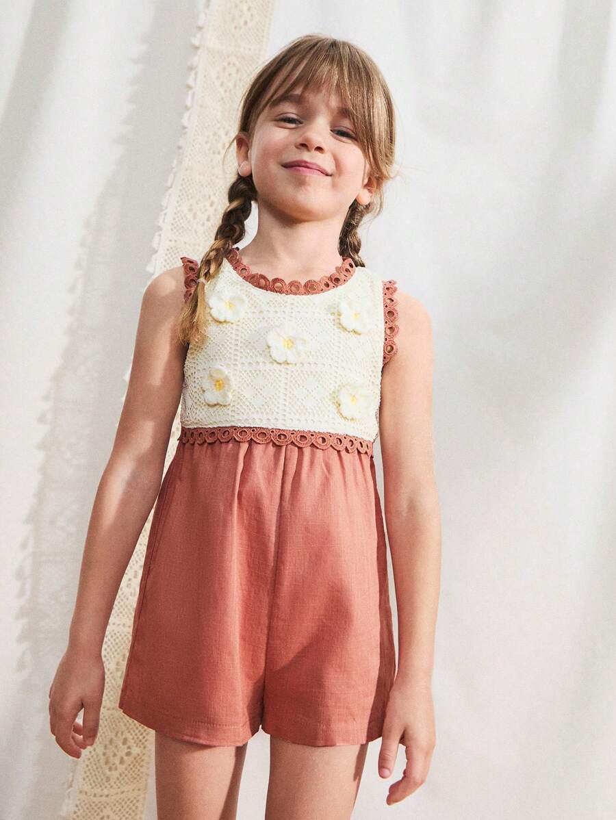 SHEIN Young Girls Adorable 3D Flower Crochet Bodysuits & Jumpsuits, Summer - Multicolor - View 1