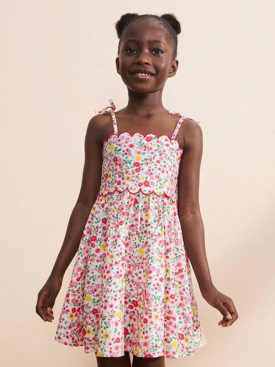 SHEIN Vestidos de niñas jóvenes con tirantes bordados con moño para vacaciones, verano - Multicolor - Ver 1