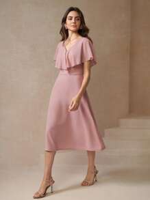 Amorya 女士中長款綠色裙子，褶邊下擺設計 - 藕粉色 - 查看 4