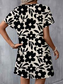 SHEIN LUNE 休闲优雅拼色花卉图案 V 领梭织迷你连衣裙，适合春夏季 - 彩色 - 查看 2