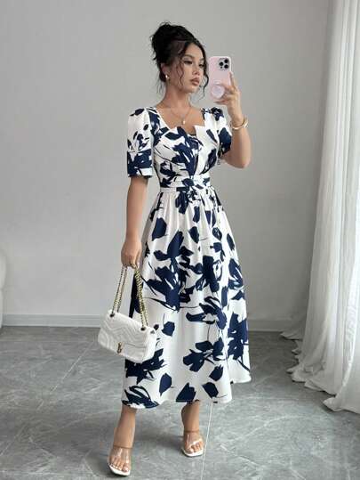 Elenzga 方领泡泡袖夏季腰部褶皱优雅全身印花拼色连衣裙