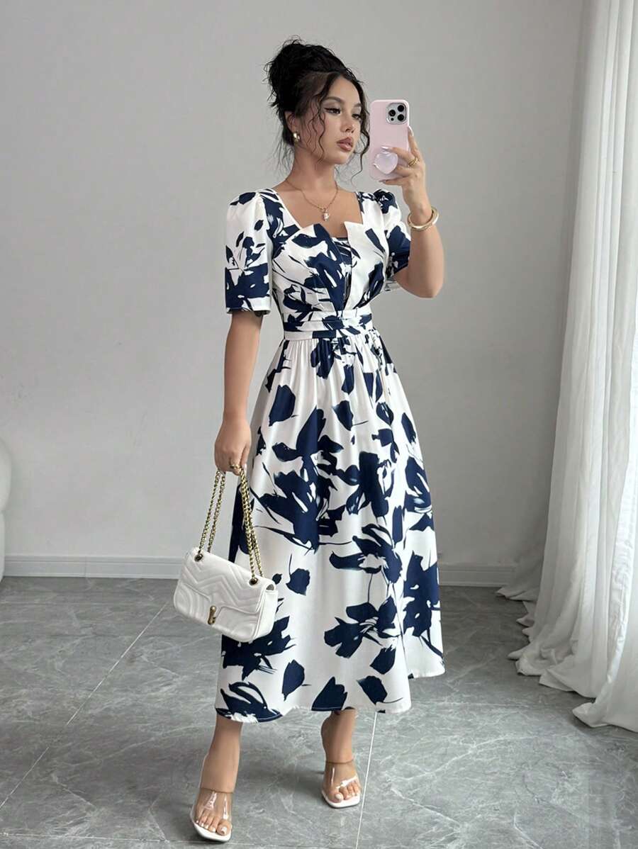 Elenzga 方领泡泡袖夏季腰部褶皱优雅全身印花拼色连衣裙