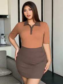 Dazy Plus Color Block Collared Short Wrap Dress,Casual Women Dresses - Brown - View 6