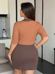 Dazy Plus Color Block Collared Short Wrap Dress,Casual Women Dresses - Brown - View 2