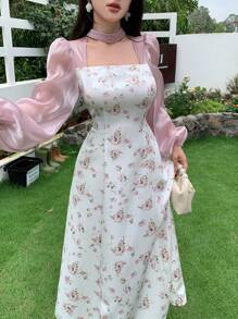 Feyla Women's Floral Print Square Neck Mesh Insert Elegant Long Sleeve Midi Dress